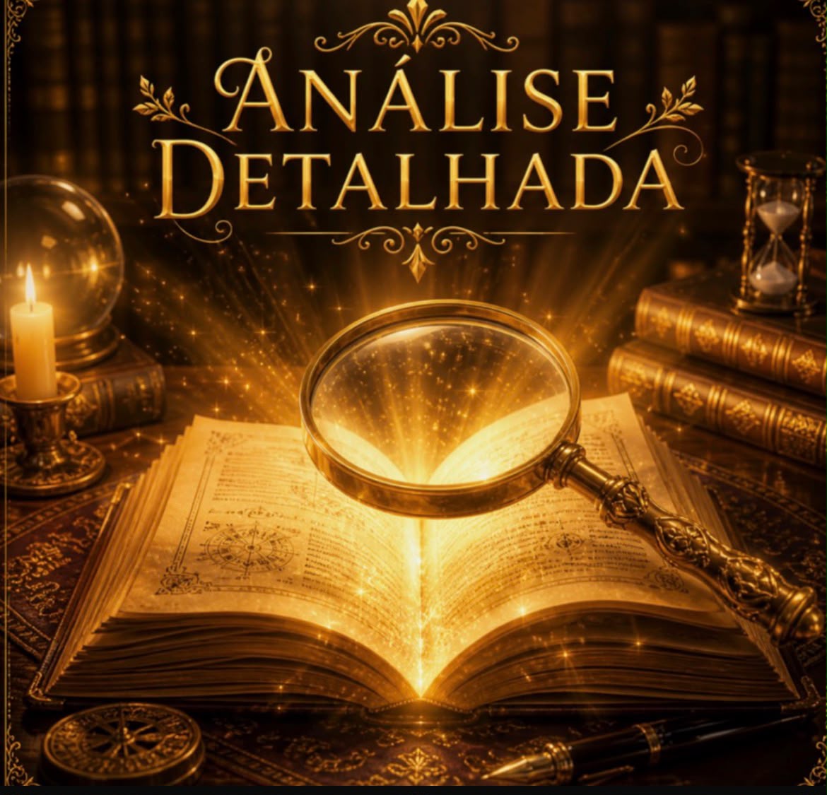 Arte do jogo Análise Detalhada — uma lupa sobre um livro antigo, entre velas e ampulheta