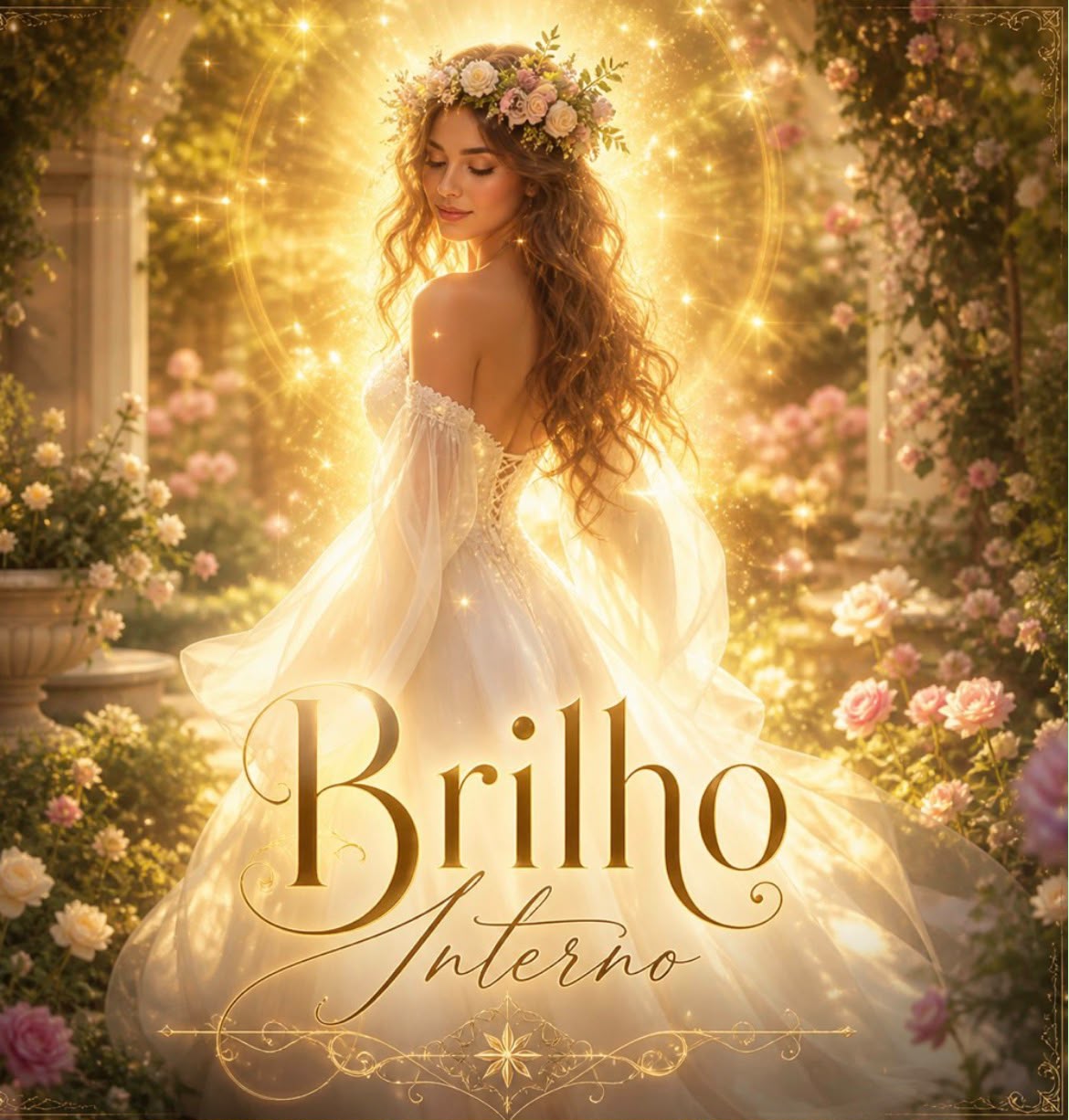 Arte do jogo Brilho Interno — uma mulher com vestido branco entre rosas em um jardim iluminado