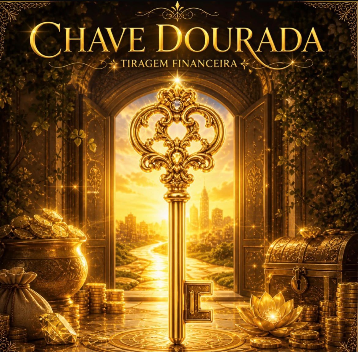 Arte do jogo Chave Dourada — uma grande chave dourada em um cenário de prosperidade