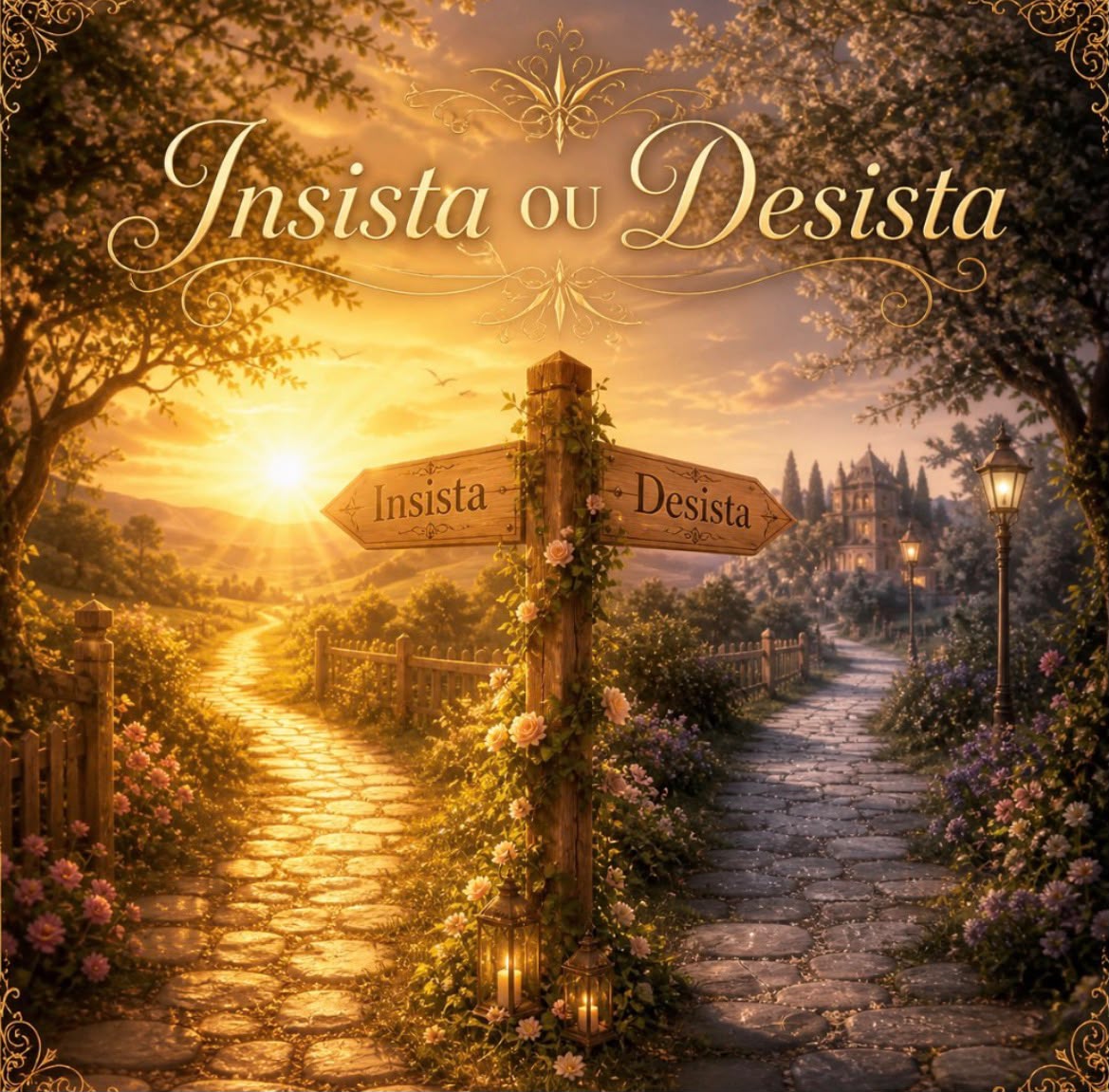Arte do jogo Insista ou Desista — uma bifurcação de caminhos ao pôr do sol