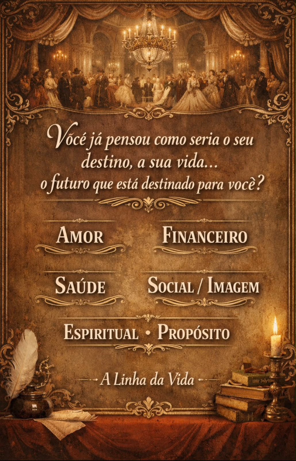Arte do jogo A Linha da Vida — um painel antigo com áreas da vida em texto dourado