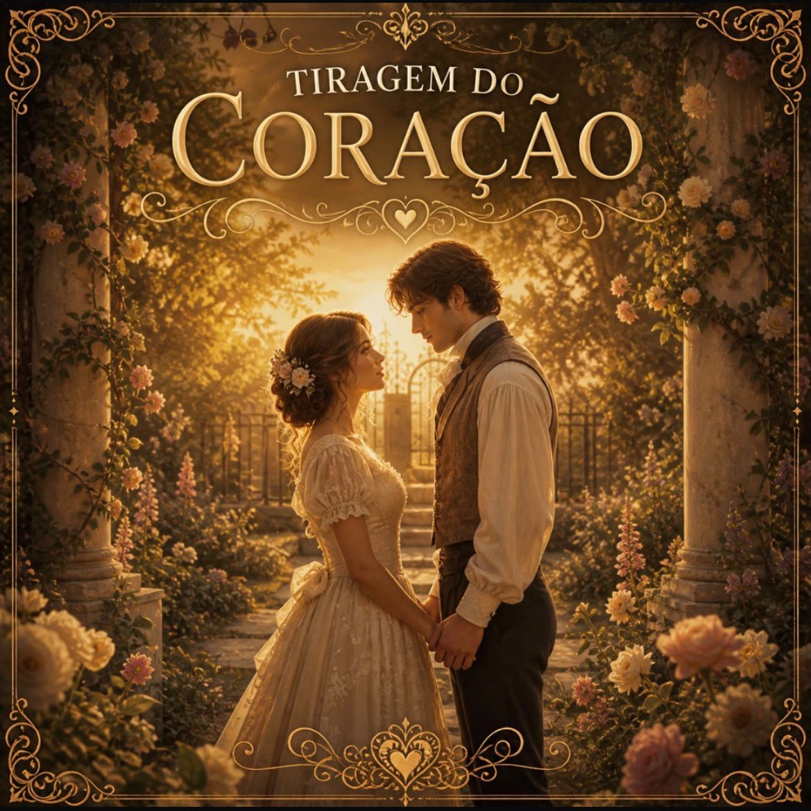 Arte do jogo Tiragem do Coração — um casal se abraça em um jardim ao pôr do sol